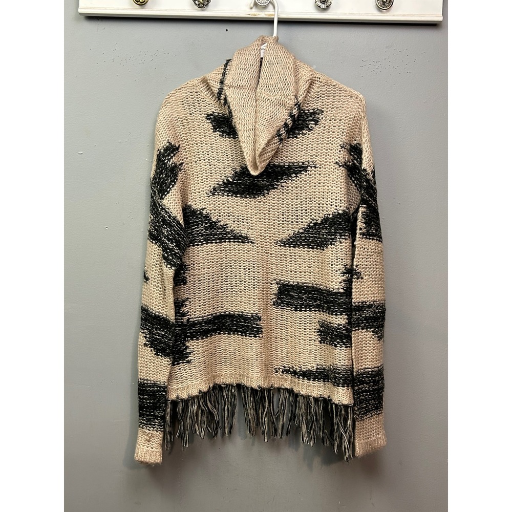 Say What Cozy Knit Waterfall Cardigan Black Beige Aztec‎ Fringe Size L